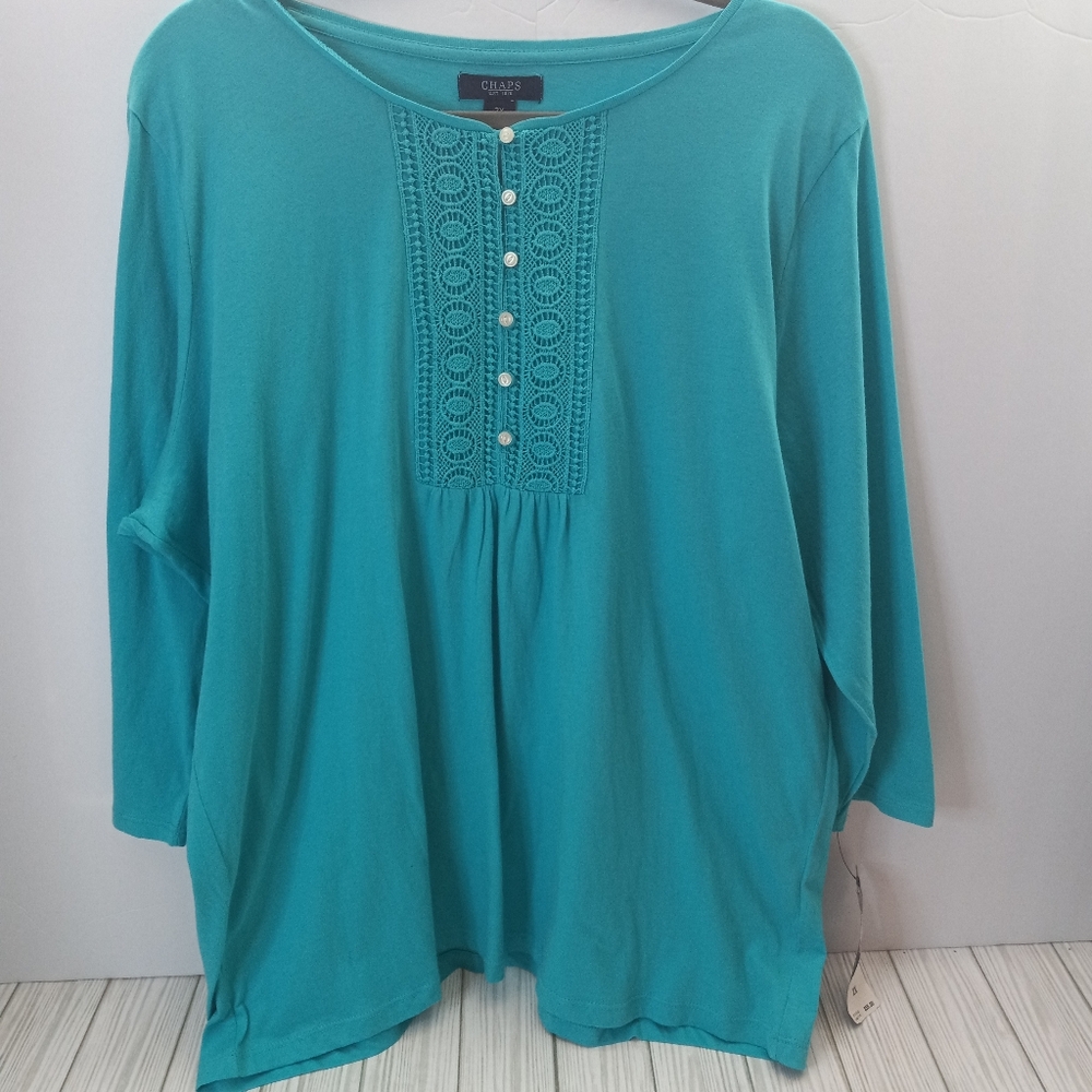 Chaps Boho 3/4 Sleeve Torquoise Blouse